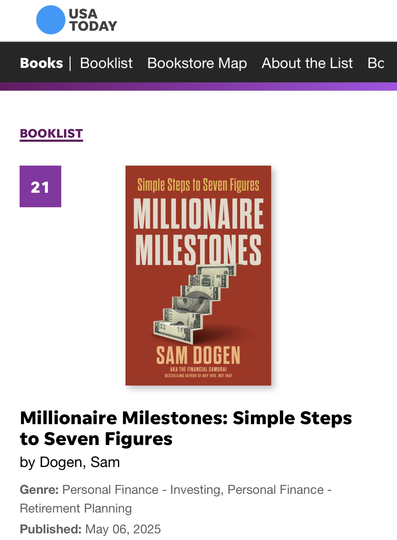 Millionaire Milestones: Simple Steps To Seven Figures Is A USA TODAY National Best Seller, coming in at #21 on the list of 150 books on May 14, 2025. An example of how the best psychological trick can boost your wealth and success beyond belief