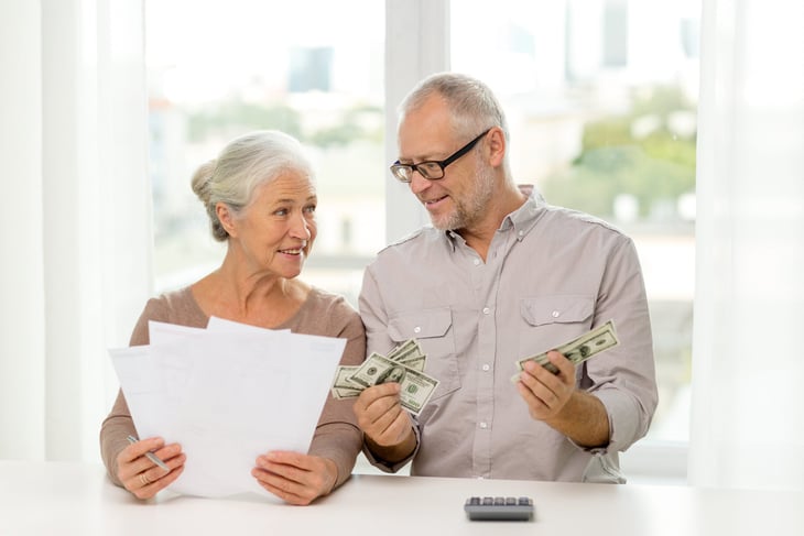 Seniors happily planning budget and spending money